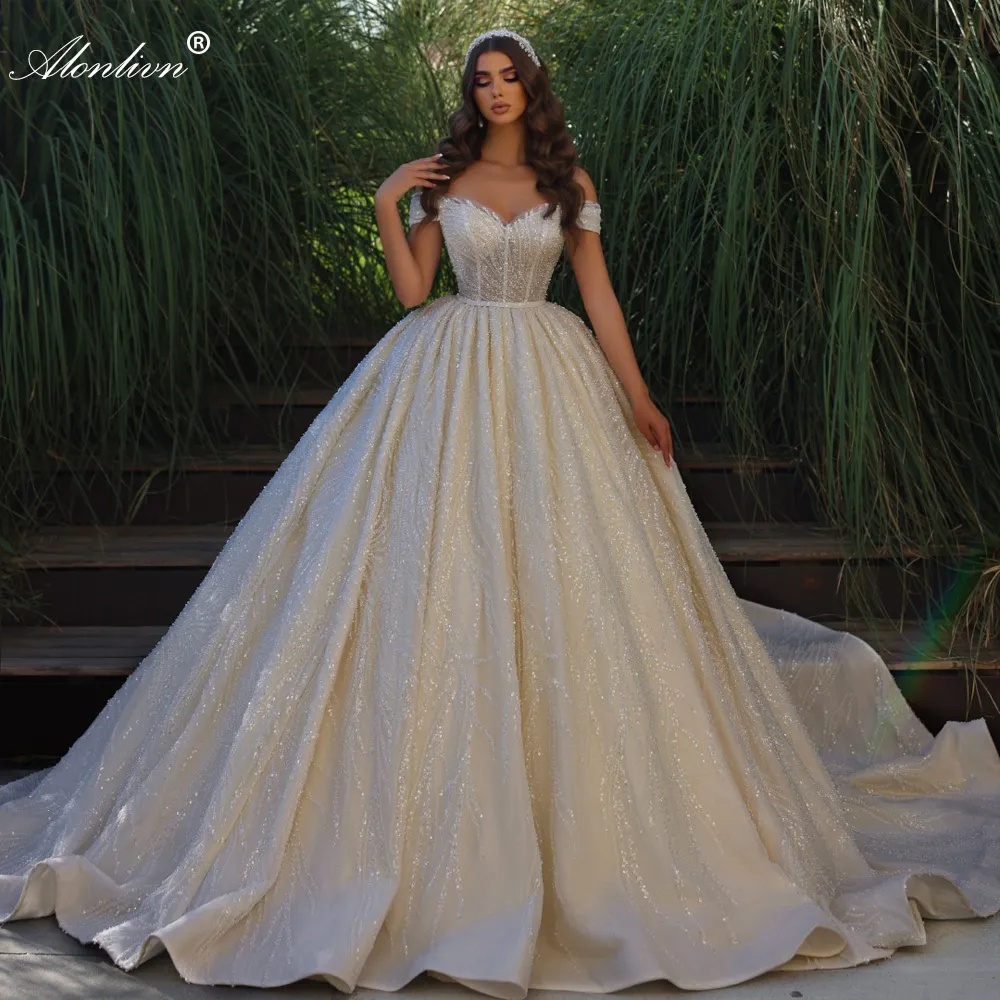 Luxury Off-Shoulder Ball Gown arabic wedding dress with Beaded Embroidery, Sequined Lace, and Chapel Train