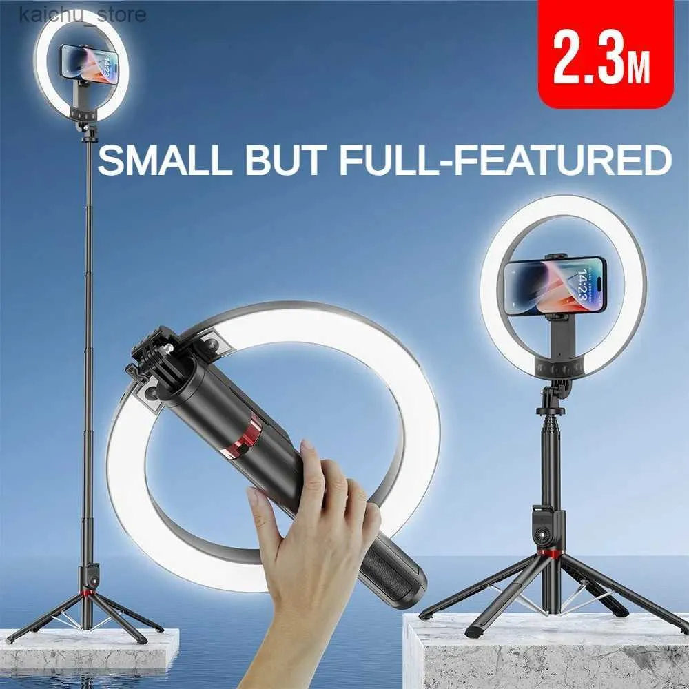 Selfie monopods aluminium telescopische selfie stick met 10 inch ronde vullicht 2.3m telefoonhouder voor video -opname en live streaming y240418