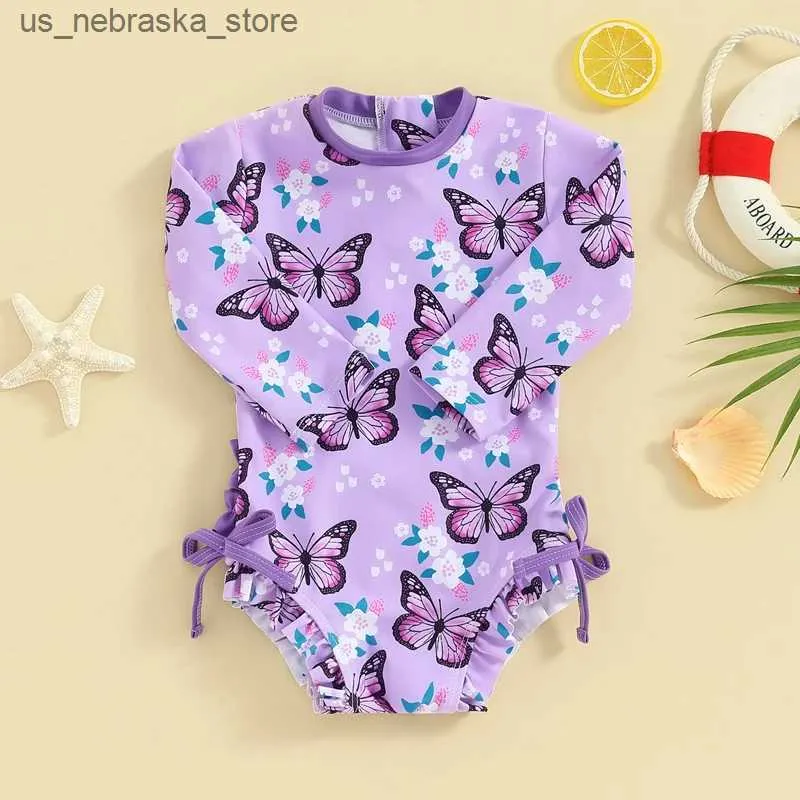 One-Pieces Ewodos Baby Bikini Langarmed Blumen Schmetterlingsdruck Bow Sommer Badeanzug 0-3 Jahre Q240418