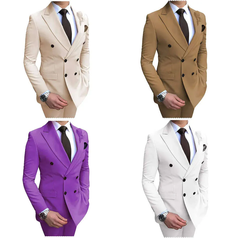 Suits Blazers Bej Erkekler Takım 2 Parçalı Çift Kırık Çentik Düz İnce Uygun Düğün Blazerpants 220826 086