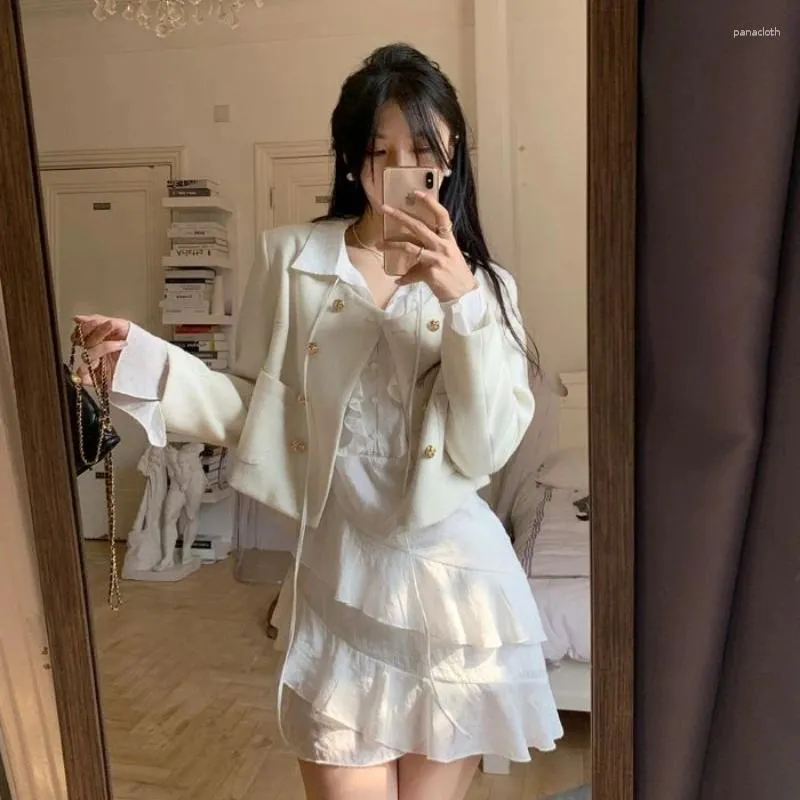 Casual Dresses Summer Y2k Fairycore White Dress Women Korean Fashion Long Flare Sleeve Ruffles Two Layer Lace-up Ruched Mini Cocktail