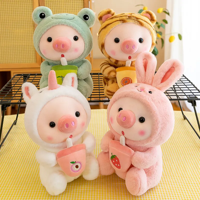 Cartoon animals transform into milk tea and pig plush toys25cm