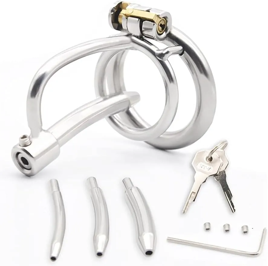 Pinis Cage Male Chastety Device Lock avec 3 cathéters en acier inoxydable Cage Cage Hollow Breffable Érection Anneaux Men Sissy Bondage Set (50 mm)