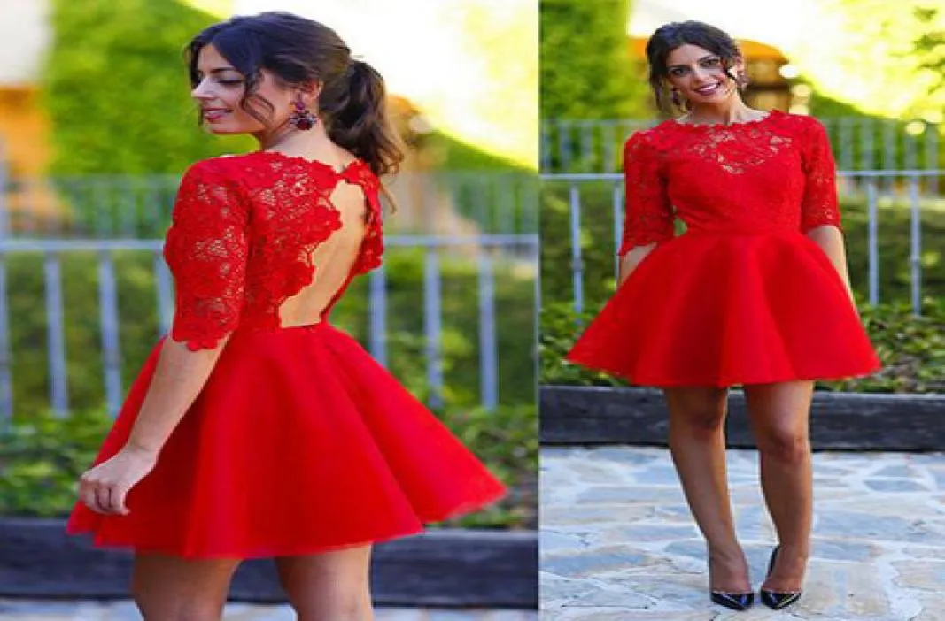 Ny ankomst Aline Red Lace Half Sleeve Short Prom Homecoming Dresses Short Formal Party Dresses Open Back Custom Made 20196056988