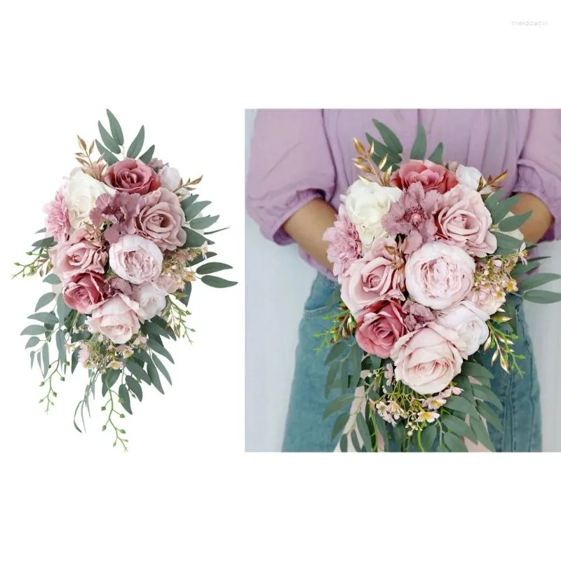 Fleurs décoratives Bride Bouquet de mariée rose artificielle pour la cérémonie de mariage rustique anniversaire