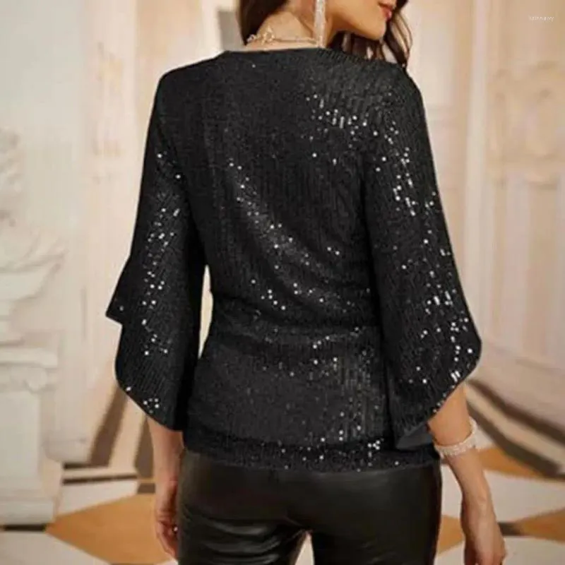 Kvinnors blusar kvinnor glitter skjorta elegant glänsande paljett v nackblock andas tre kvart ärm topp lös prom pullover för glittrande