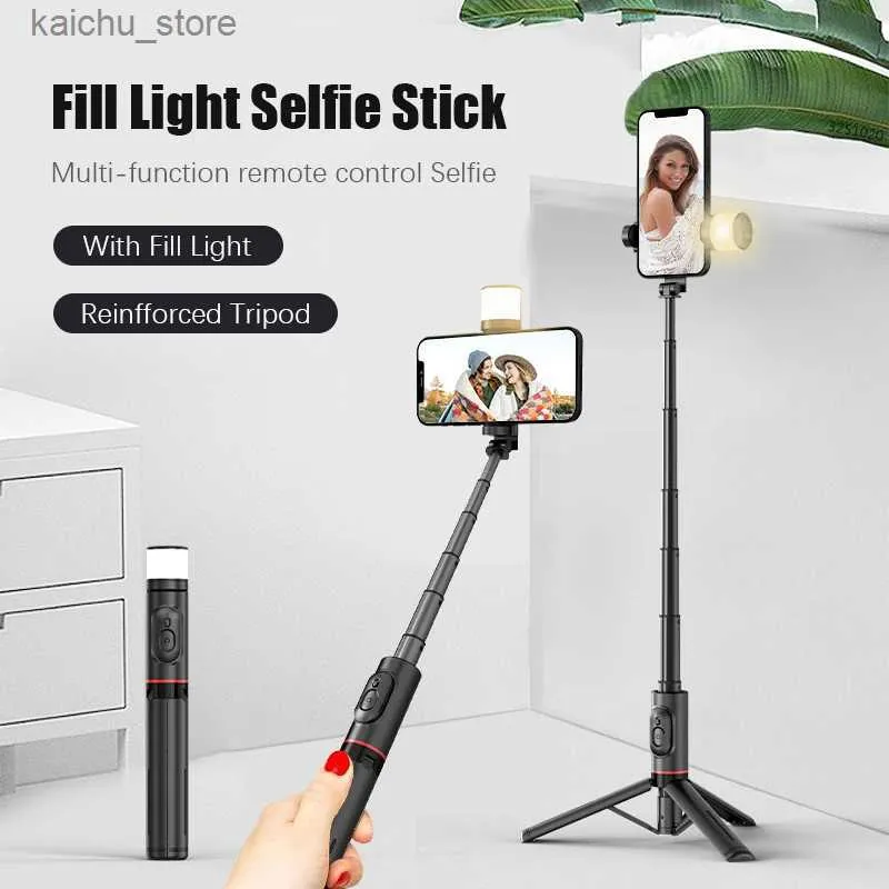 Selfie monopods fgclsy 2023 Ny aluminium dold trådlös selfie stick bluetooth slutare monopod telefon stativ med fyllning ljus för live sändning y240418