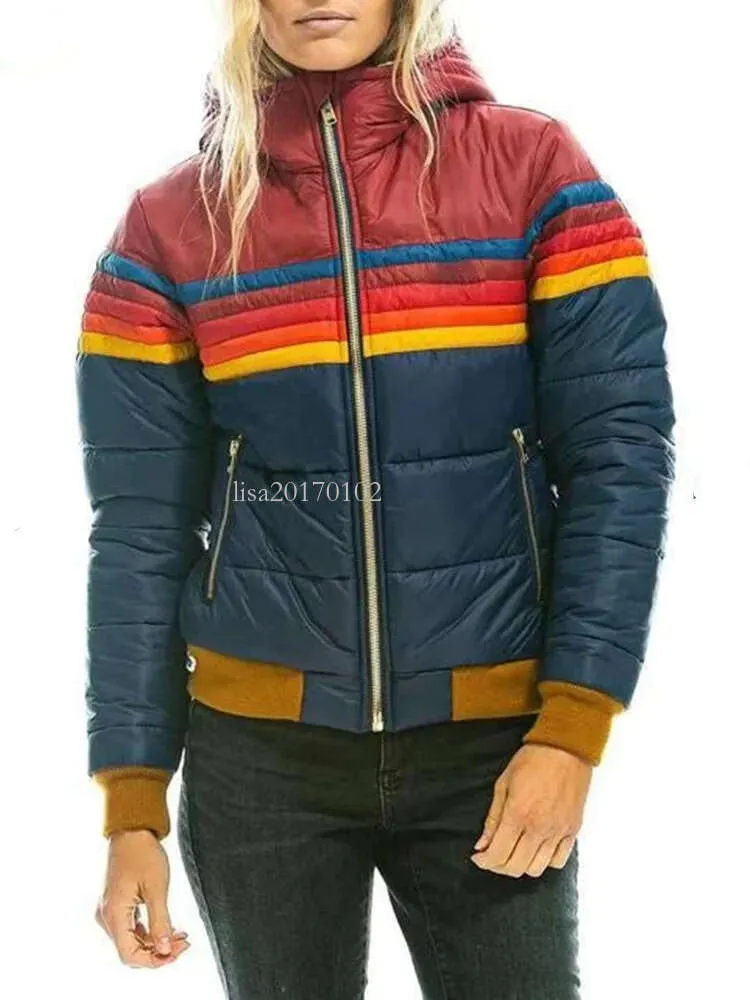 Designer Stripe Rainbow Printed Thin Hooded Jacket Women Winter Cotton Parka for Plus Size Coat
