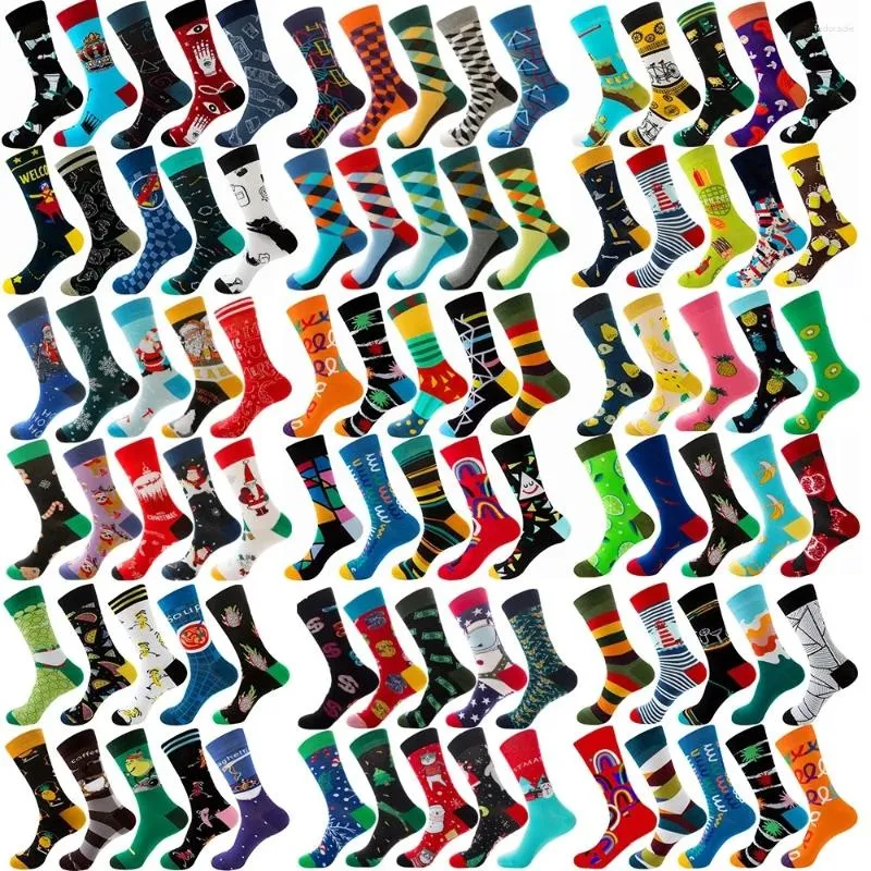 Men's Socks 2024 6/10 Pairs Lot Pack Men Women Couples Lover Arrival Rhombus Animal Christmas Cartoon Fruit Dot Cotton Happy