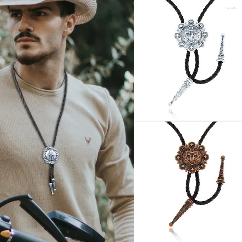 Bow Ties Rechicgu Vintage Cross Star Pendant Bolo Tie Men Western Cowboy Handgjorda lädersläckar justerbara rodeo smycken tillbehör