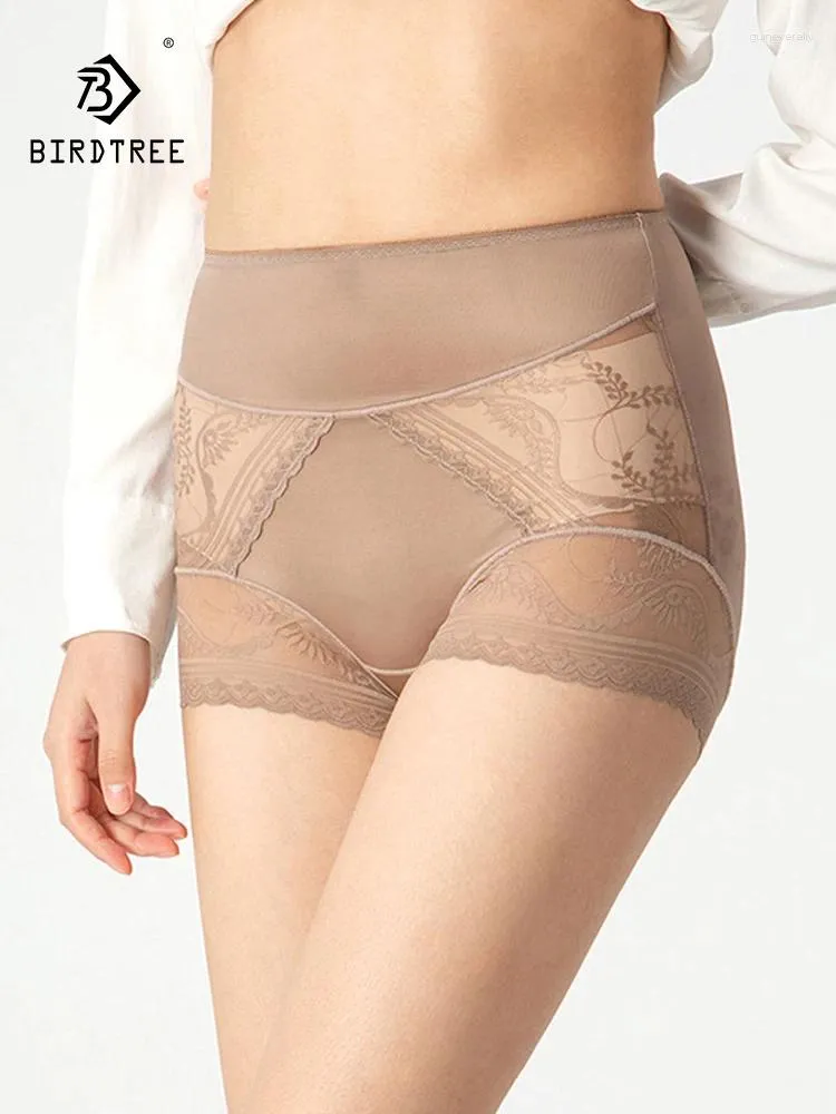 Kvinnors trosor Birdtree 8%Real Silk Sexy Briefs Women Light Pressure Middle midja franska bekväma spetsunderkläder 2024 Summer P43378QC