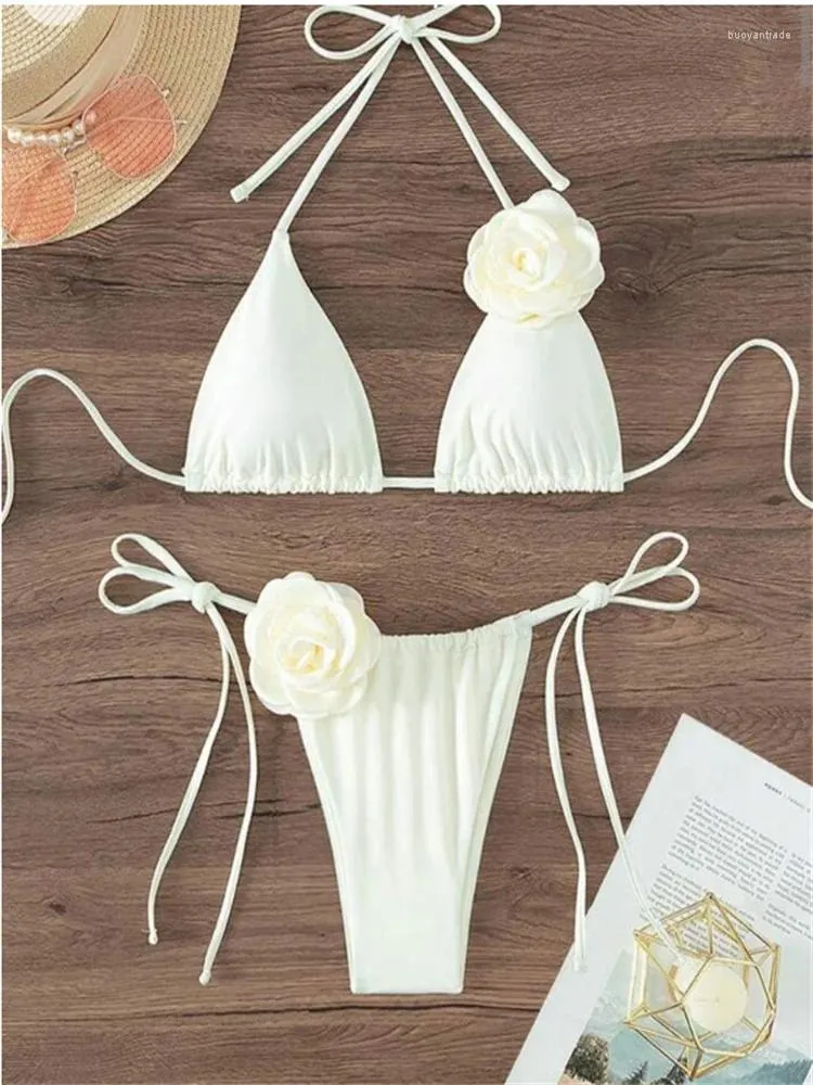 Kvinnors badkläder sexig bikini Set Women Swimsuit 2024 Black White 3D Floral Print Micro Bikinis Brazilian Cutout Beach Bathing Suit Thong