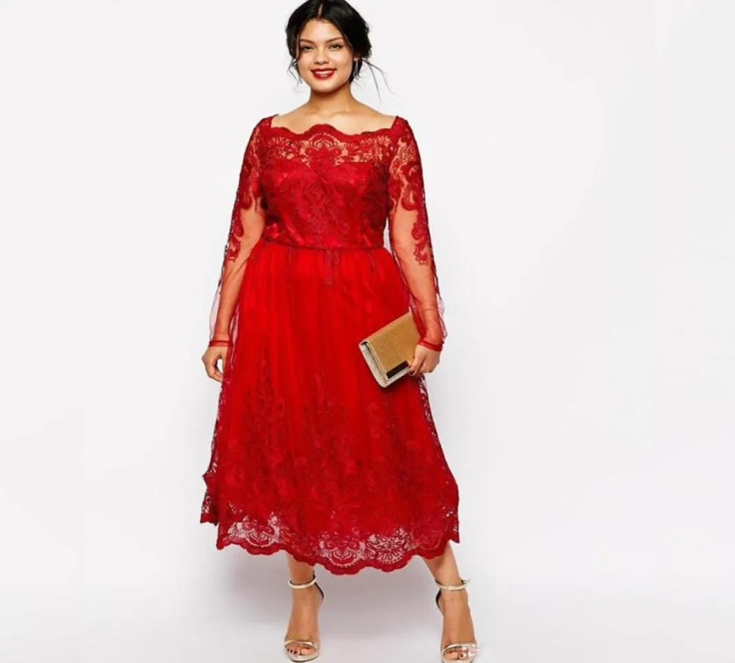 Red Lace Boat Neck Plus Größe Mutter des Brautkleides Langarm Tee Länge Hochzeit Gastparty Kleid Vestido Mae da Noiva7419088