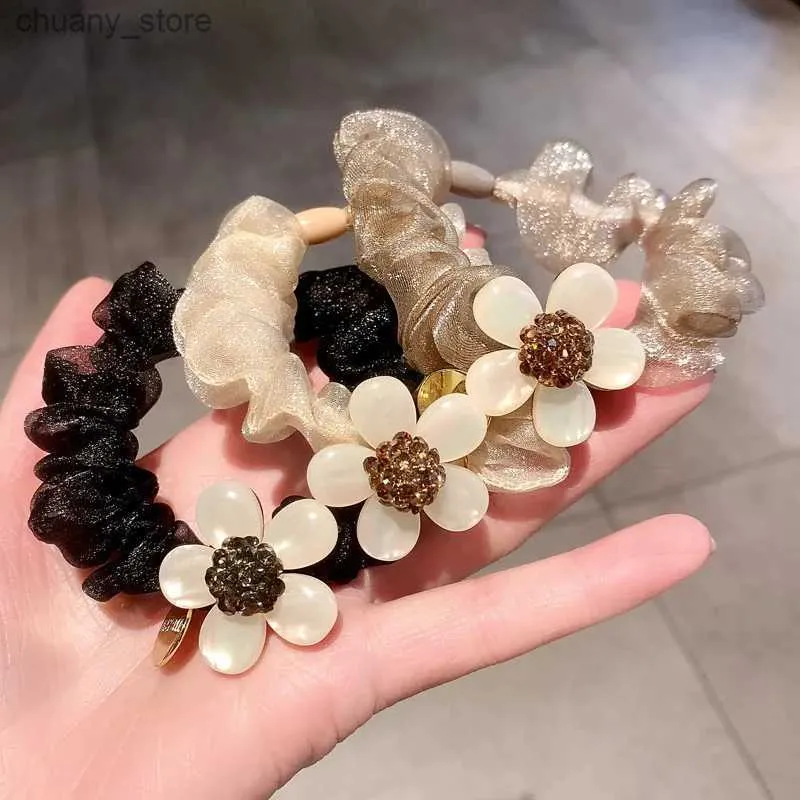 Hårgummiband som lyser strass hårtillbehör elastiska hårflickor gummiband scrunchie kvinnors pannband opal blommor vågiga organza smycken y240417