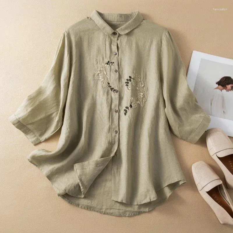 Women's Blouses Chinese Style Shirt Summer Cotton Linen Vintage Loose Embroidery Women Tops Fashion Clothing YCMYUNYAN