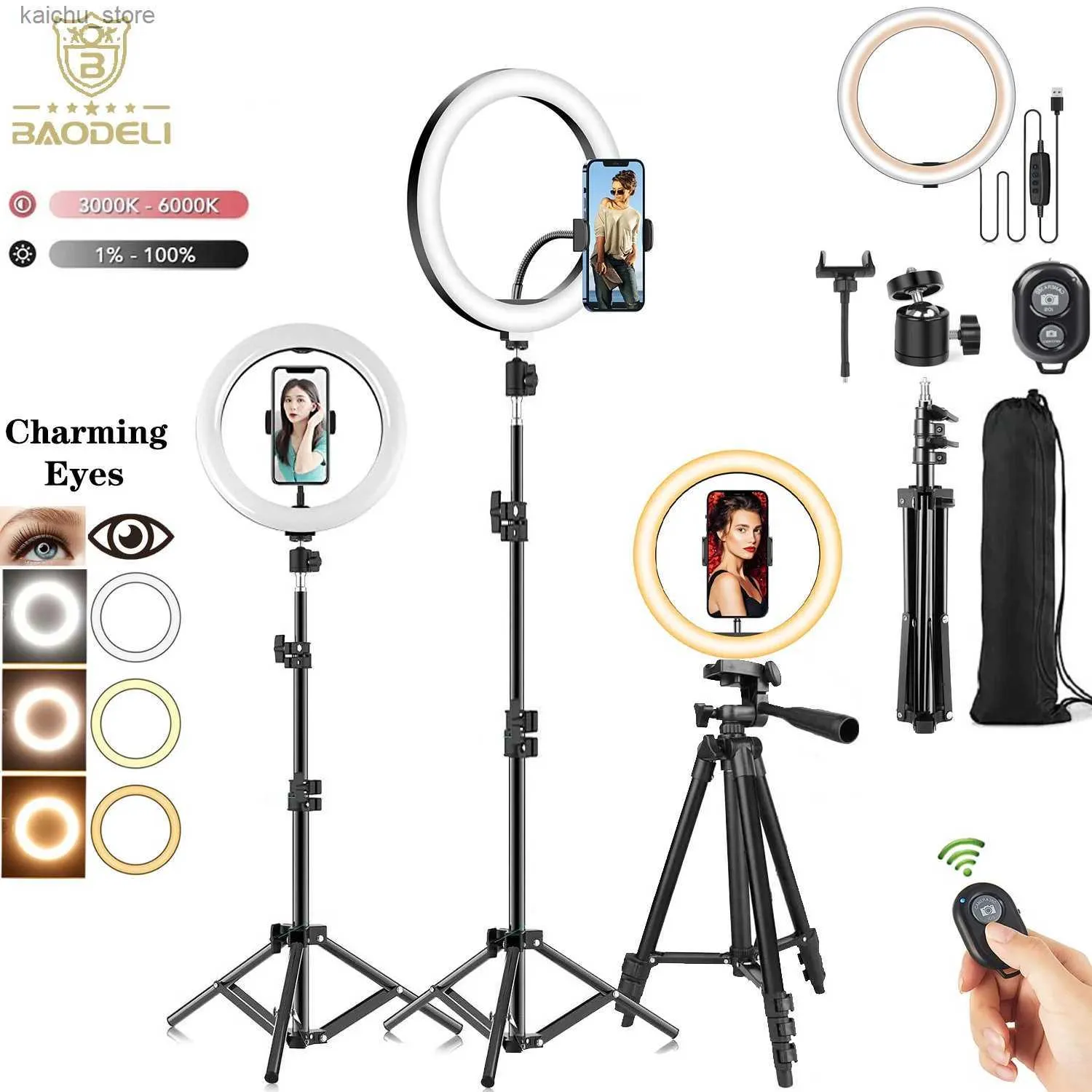 Iluminação contínua 10 26cm LED Selfie anel de luz fotografia Vídeo Vídeo Luz de luz do telefone Tripé Preenche o tripé Lâmpada Dimmable Trepied Streaming Y240418