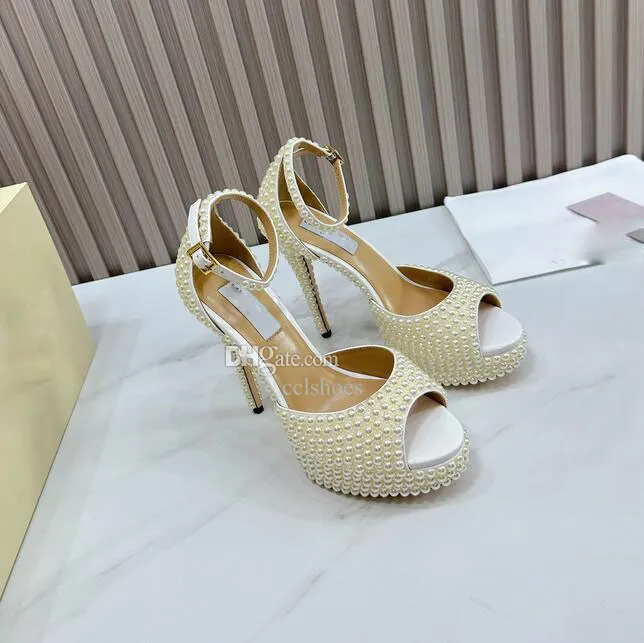 2024 Luxury Wedding Sacora Dress Shoes White Pearls Leather Pumps Lady Stiletto Heel Ankle Strap Bridal Wedding EU35-43. Med Box