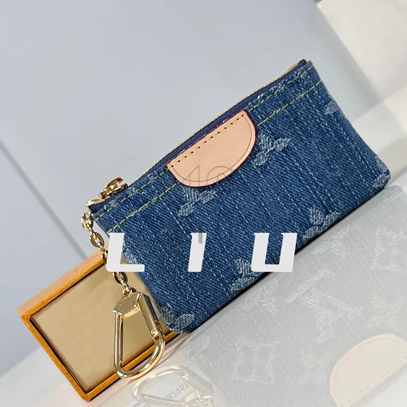 Högkvalitativ denim blå plånbok män designer korthållare mode blixtnedslagare kvinnor nyckelchain påse nyckelpås mynt plånböcker