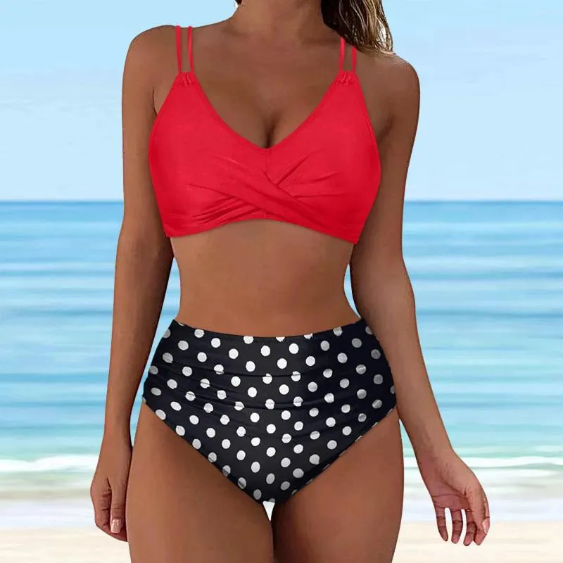 Swimwear féminin Femmes High Waited Bikini Sexy Push Up Two Piece Nutor Suite Retro Retro Retro Rucched Patchwork Female Bikinis Set