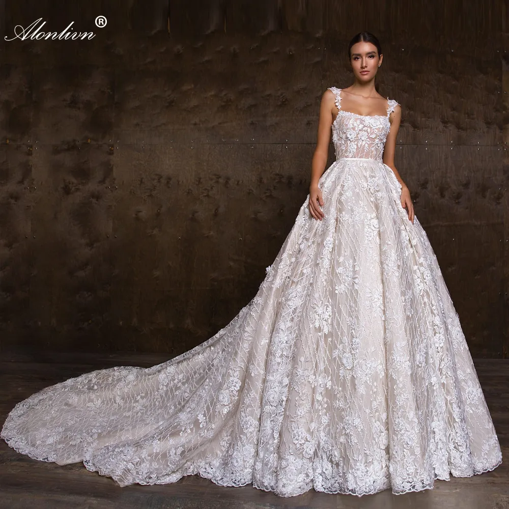 Beauty Floral Prints Spaghetti Straps Ball Gown Wedding Dress Delicate ...