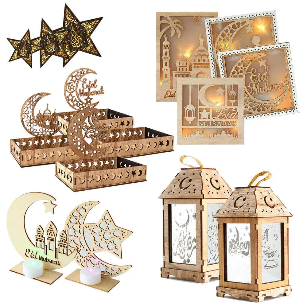 Items Novelty Items New Wooden Eid Mubarak Food Tray Ornament Light Ramadan Decoration for Home Islamic Kareem Muslim Party Decor Eid AL