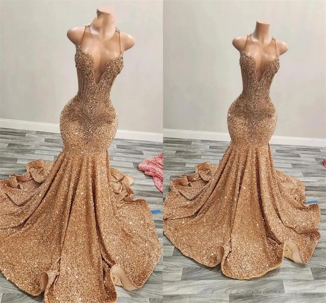 Gold O Neck Long Prom Dress for Black Girls 2024 Pärled Crystal Birthday Party Dresses Sequined aftonklänningar Glänningsskåpa De Bal BC18640