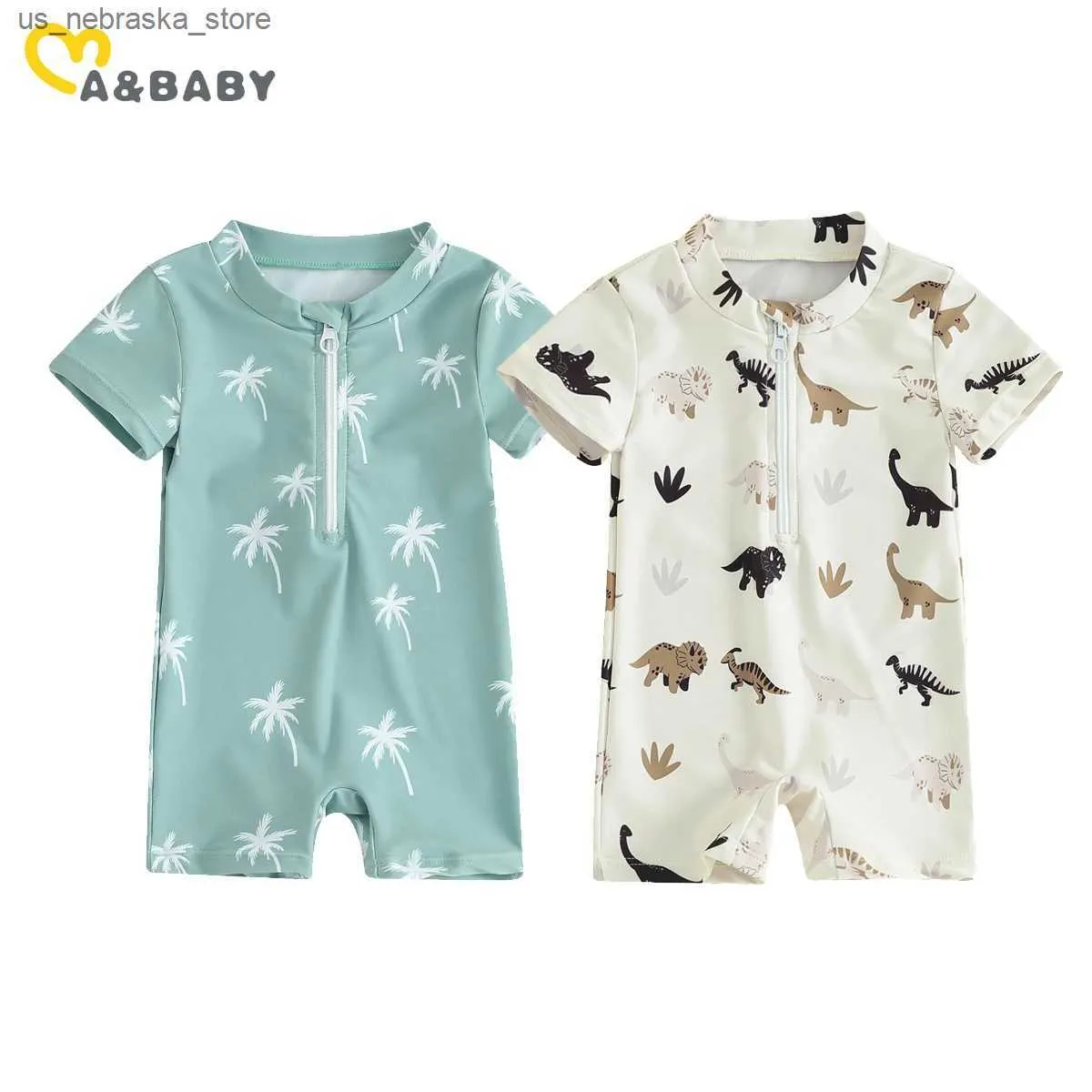 Endelar MA Baby 0-3y nyfödd småbarn Baby Boy Girl Swimsuit Dinosaur Coconut Tree Kort ärm Swimsuit Beach Suit Q240418