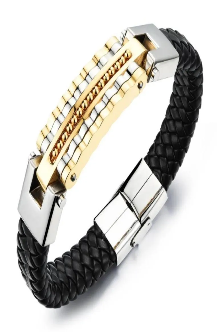 Tennis Black Leather Bracelet Men Charm Bangle Stainless Steel Fashion Jewelry Rock Chunky Men039s Bracelets5404062