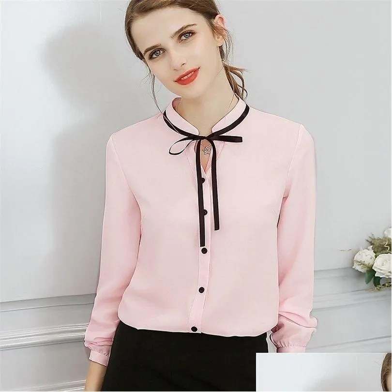 Women'S Blouses & Shirts Women Autumn Tops Office Ladies Chiffon Blouse Long Sleeve Bow Slim White Shirt Bodycon Work Blusas Mujer 21 Dh345