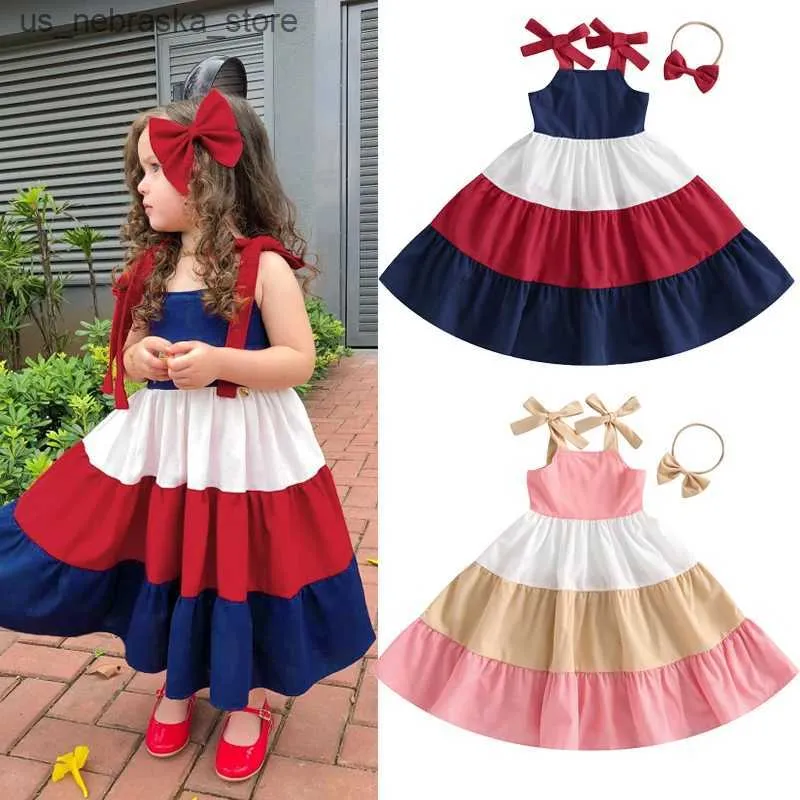 Abiti da ragazza 3 colori di bambini alla moda estiva e abito ragazza vestito colore abbinata con spalla con spalla a tracolla pieghetta per prendisole gandiera Q240418