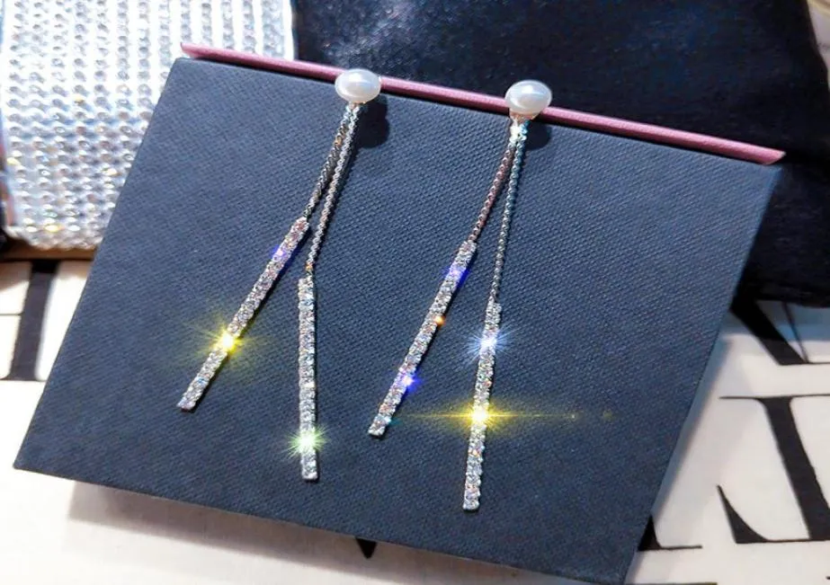 Fashion Luxury Stud 925 silver needle long tassel doublesided Pearl Earrings temperament Diamond Earrings3789773