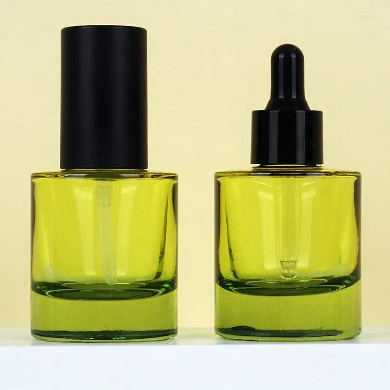 Bottiglie di stoccaggio verde da 30 ml di vetro piatto in vetro essence bottiglia essenziale olio essenziale pressa viaggi ricaricabile