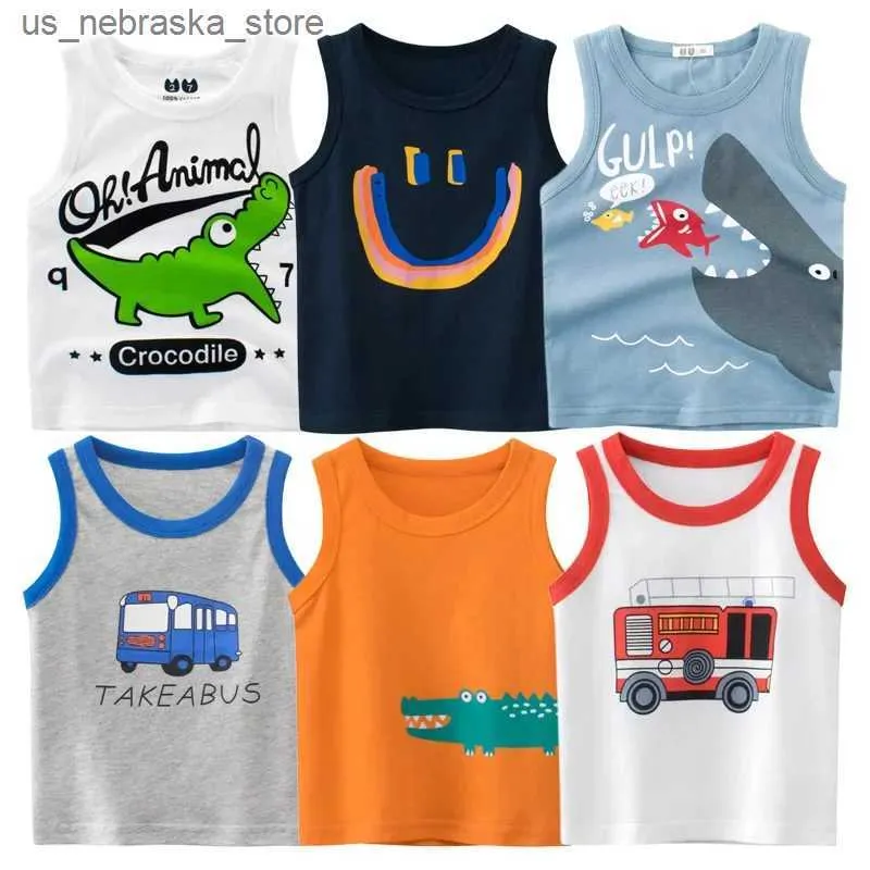 T-shirts 2024 Barn Summer Cartoon T-shirt Boy Girl Cotton Sports Vest Dinosaur Shark Print Camisole Kids Casual Vests Outfits 2-10Y Q240418