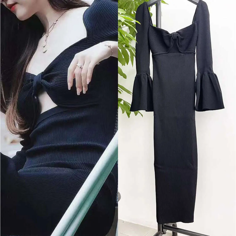 Spring Black SP Knit Long Dresses Womens Bow Small Fragrant Dress Women's Trumpet Sleeves High Waist Solid Color One-step Skirt FZ2404174