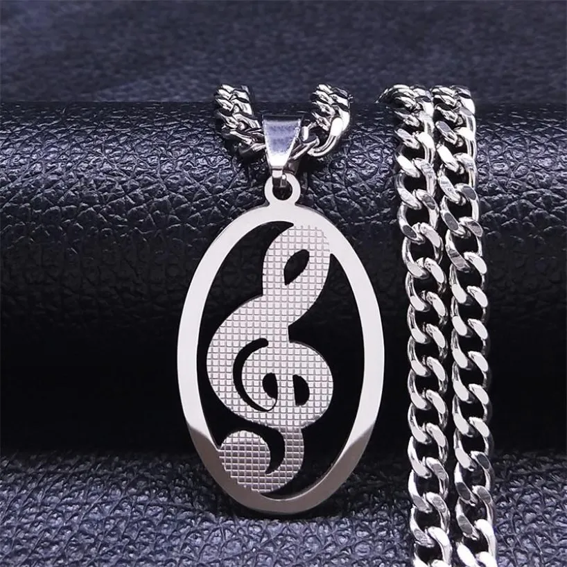 Pendant Necklaces Music Notes Stainless Steel Necklace Women Men Silver Color Chain Oval Jewelry Chaine Acier Inoxydable N4277S06P252q