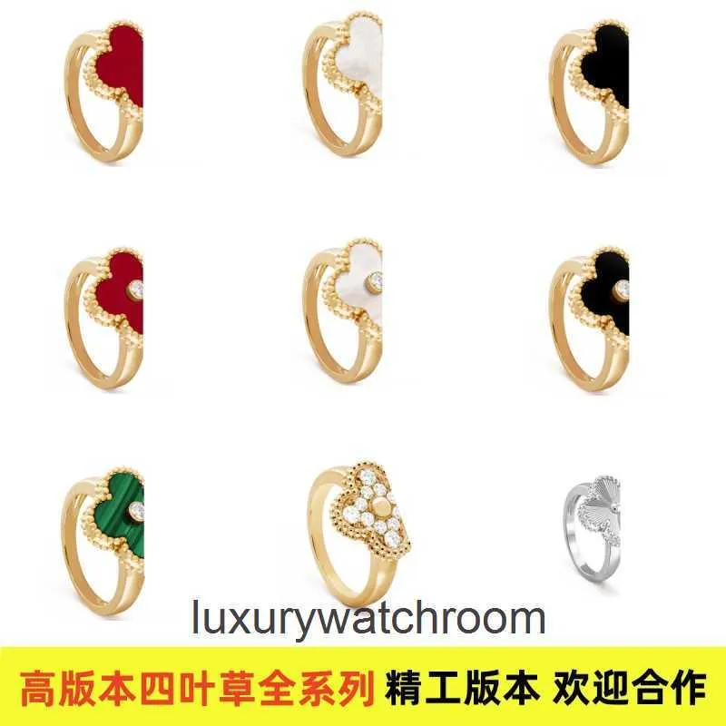 High -End -Schmuckringe für Vancleff Damen Lucky Vier Blatt Grasring Frauen natürliche weiße Fritillaria Achat Volldiamantring Heck Ring Original 1: 1 mit echtem Logo