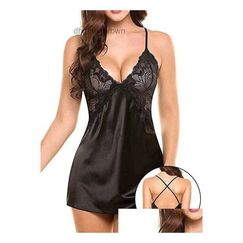 Kadın Places Lenceria Erotik Sırtsız Seksi Çamla Dantelli Kadın Saten İpek Pijamaları Nightdress Q0720 Damla Teslimat Giyim Giyim Dhkmv