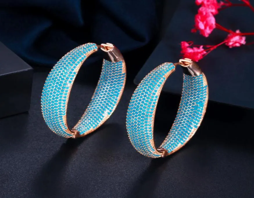 Hoop Huggie Cwwzircons Luxury Turkish ljusblå kubik zirkoniume stor slinga hoop örhänge för kvinnor mode uttalande smycken brinco5456344