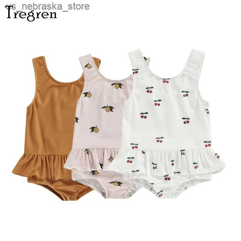 One-Pieces Tregren 6m-3y Toddler Baby Maillot de bain mignon Couc Cherry Sun Print Swimsuit Summer plage Piscine Spring Hot Printemps Chapeaux de bain Q240418