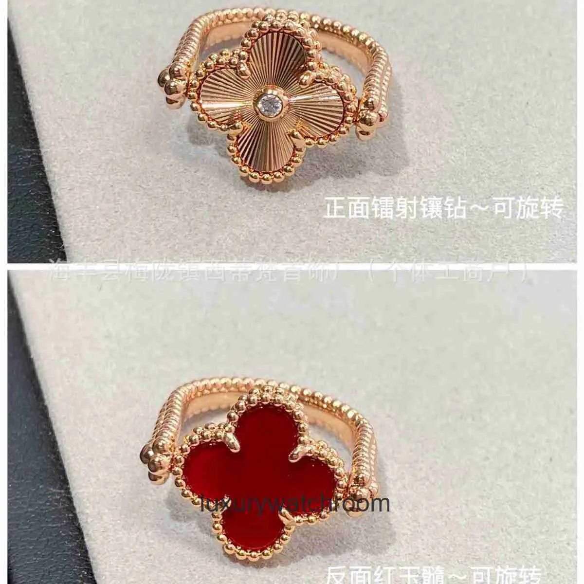 High End smyckringar för VanCleff Womens V-Gold Clover Dubbelsidig roterbar lasergraverad blommor röd kalkedonklöver ring för kvinnor Original 1: 1 med riktig logotyp