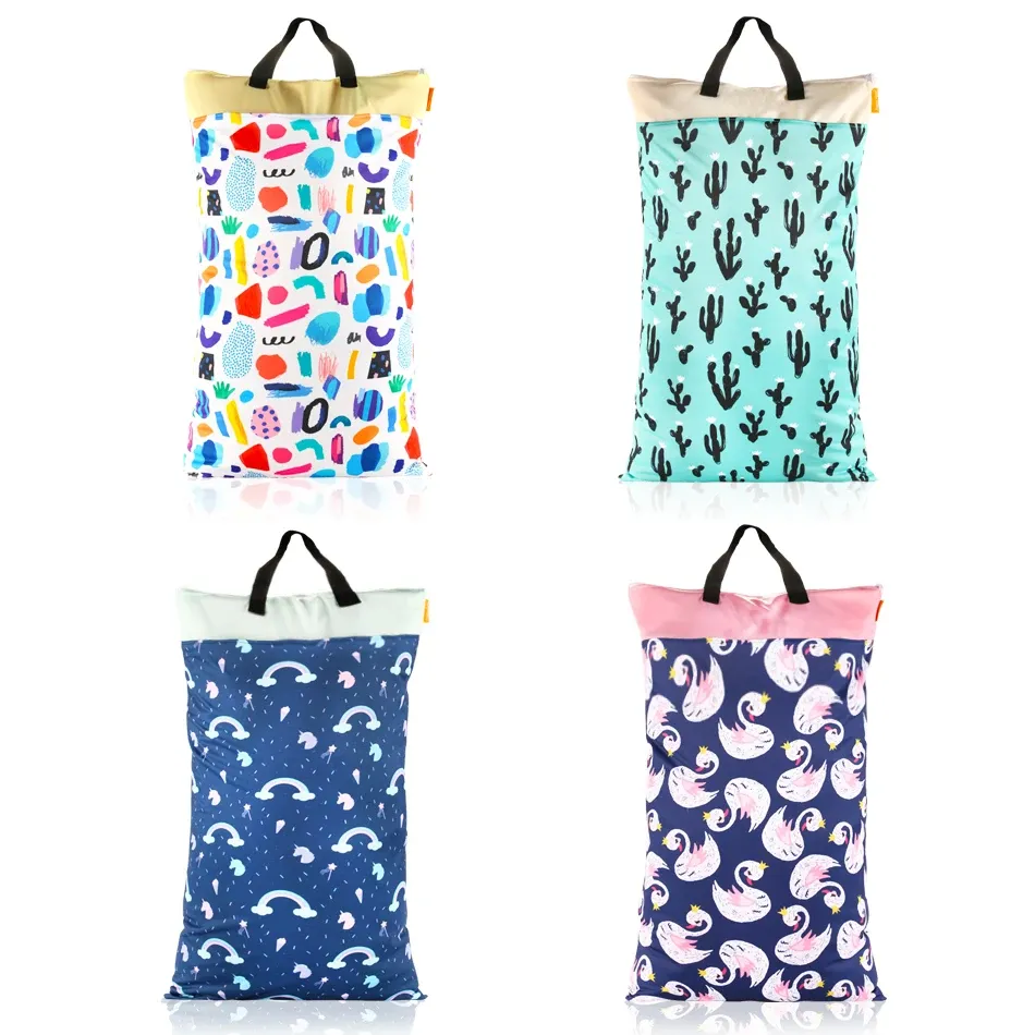 Tassen Happyflute Polyester PUL Waterdichte babyzakken voor moeder Baby Stroller Gebruik 40*70 cm Big Size Double Packet Diaper Wet Bag