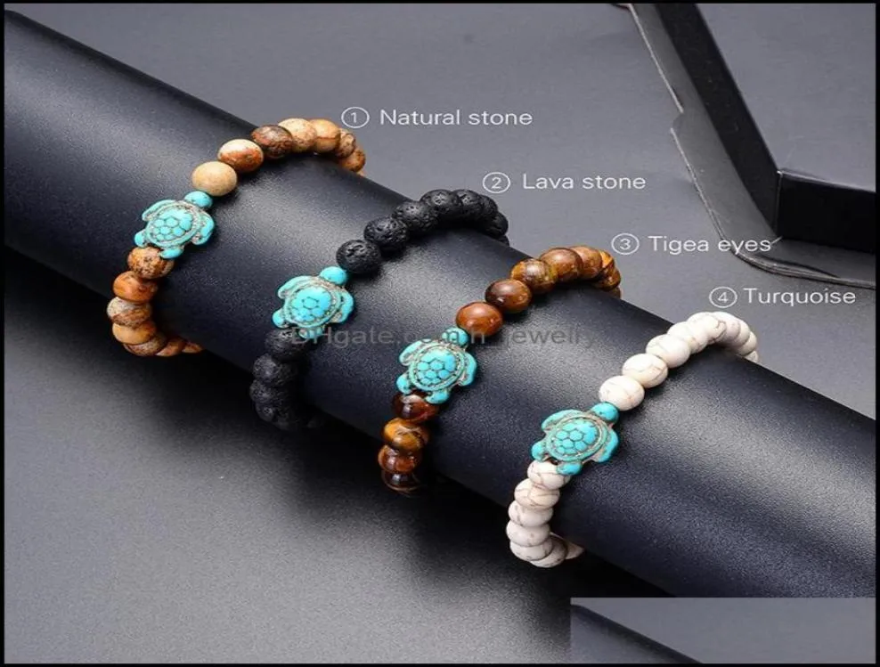 Bracelets Charmets de tortugas marinas pulseras de hilos para mujeres hombres clásico de piedra de lava ojo turquesa elástica amiga dh29747601