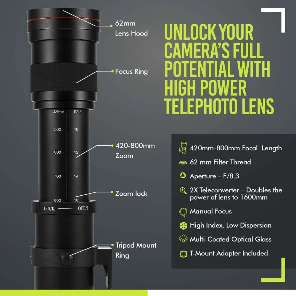 Zdobądź oszałamiające ujęcia z dużą mocą 420-1600 mm F/8 Manual Teobiektyw do Nikon Z5 Z6 II Z7 II Z8 Z9 Z30 Z50 ZF ZFC Bezlustkowe kamery
