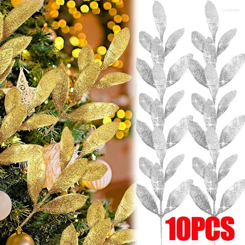Dekorativa blommor jul konstgjorda blad glitter guld simulerade oliv Xmas trädkrans tillbehör för diy år presentparty dekor