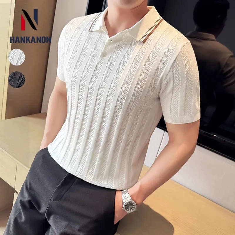 Mens Business Casual Polo Shirt Ice Silk Striped Top Top wysokiej jakości koszulka z krótkim rękawem na wiosnę i lato. 240417