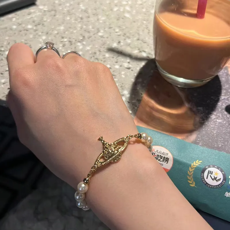 Saturn bracelet pearl beaded strand diamond tennis planet bracelets woman gold designer jewelryfashion accessories with boxs 4Color0.12