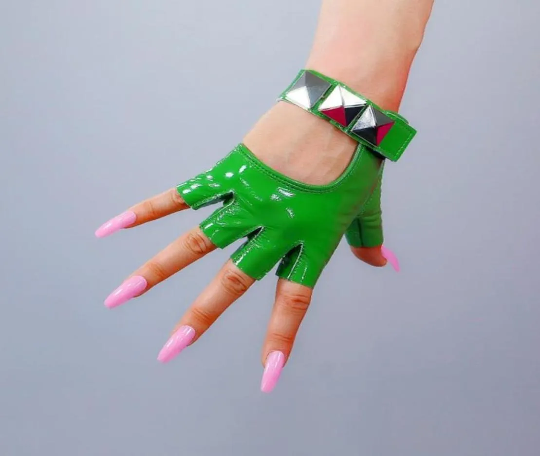 Real Leather SemiFinger Gloves Patent Bright Green Silver Rivet Sheepskin Fingerless Women Touchscreen WZP50 Five Fingers2427881