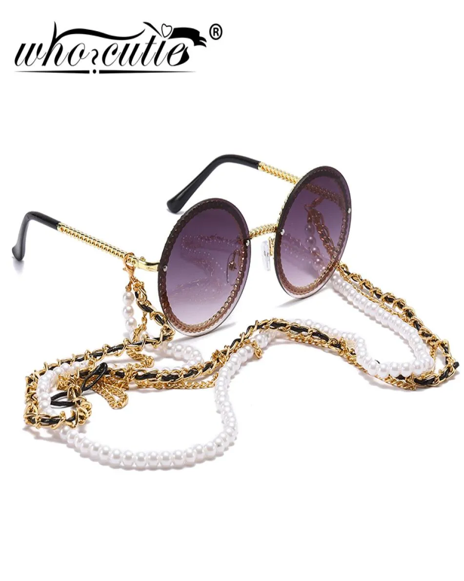 Lunettes de soleil rondes vintage Femmes avec une chaîne de perle accessoire de luxe Brand de luxe Retro Gold Frame Sun Glasse