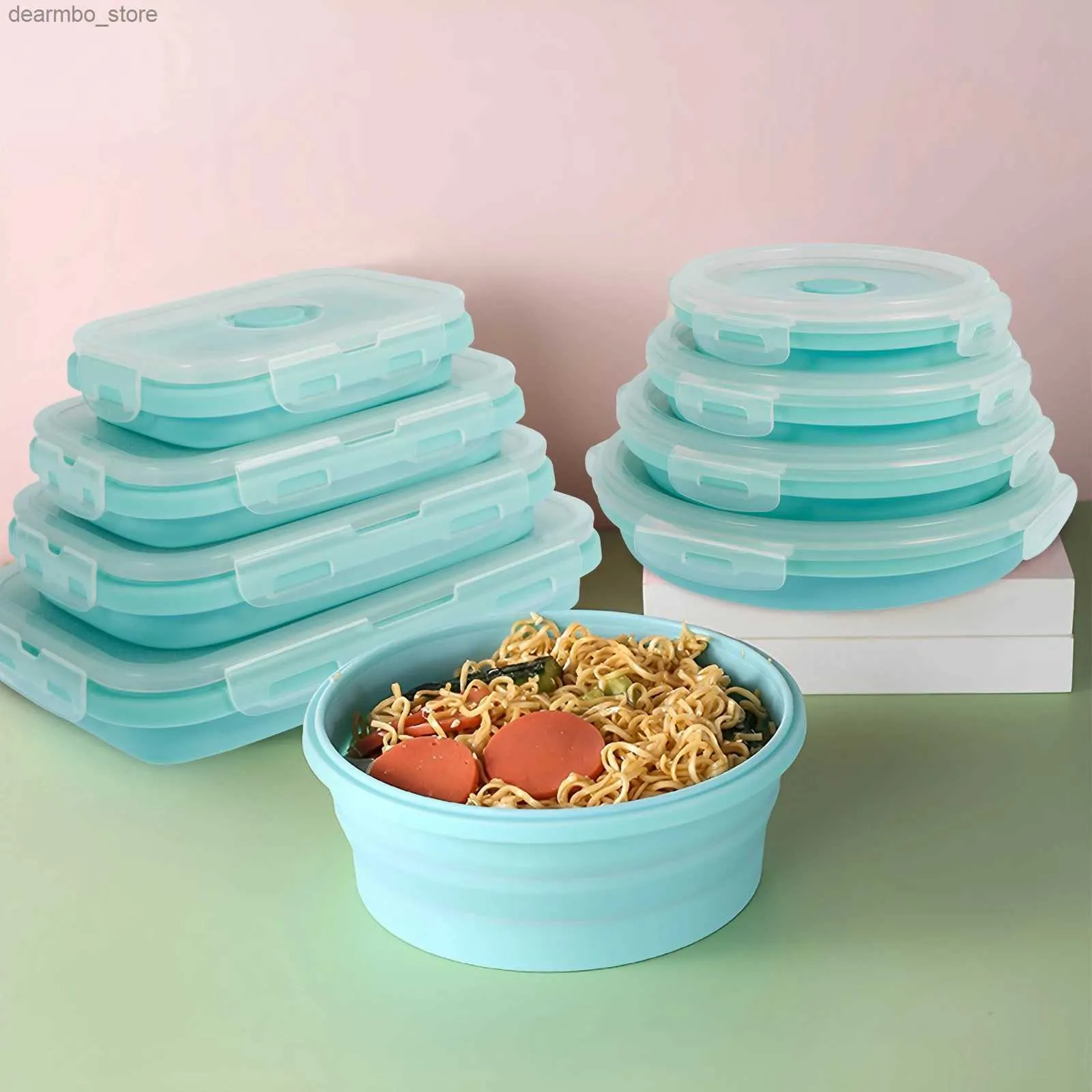 Bento -dozen 8 stks Inklapbare voedselopslagboxen met deksels herbruikbare siliconen vierkant ronde bento -containers stapelbare bento doos voor keuken l49