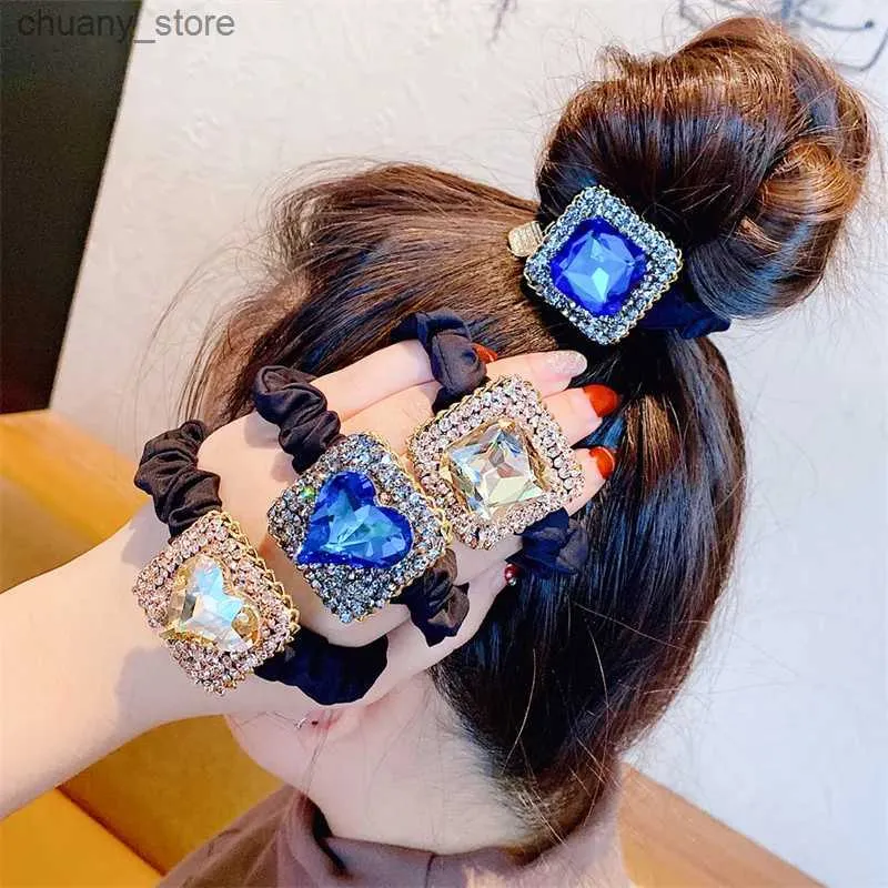 Haarrubberbanden Nieuwe mode Hoogwaardige glanzend kristal Rhinestone Haar touwen Holder voor dames dames elegante elastische haarbanden Y240417